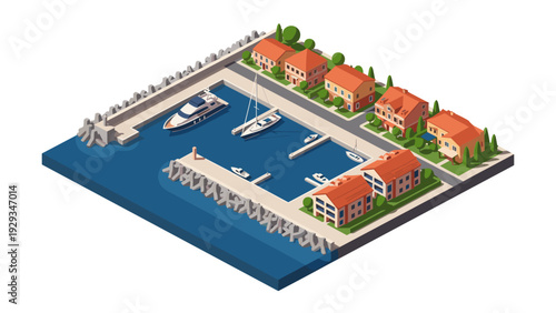 isometric marina harbor with yachts sailboats and residential houses hand drawn vector illustration