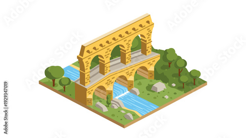isometric ancient stone aqueduct over river with trees and rocks hand drawn architectural landscape illustration