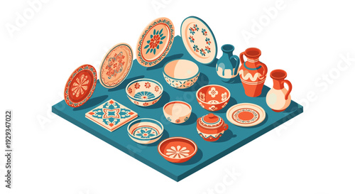 collection of hand drawn decorative pottery bowls plates and jugs with ethnic patterns