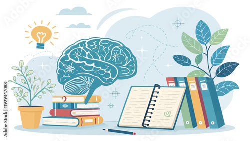 Knowledge and education concept with brain books notebook and plants on a desk in a creative workspace