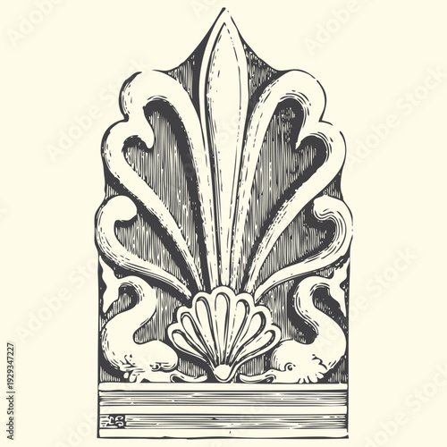 Antique mythological decorative motif, engraved style with dolphins and shell, vintage design element for embellishment