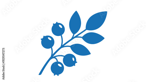 Simple blue icon of a branch with round berries and leaves representing fresh fruit and natural forest food.