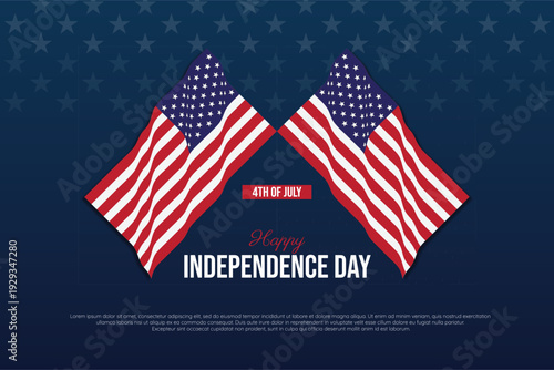 Happy Independence Day 4th of July with Waving USA Flags on Blue Background