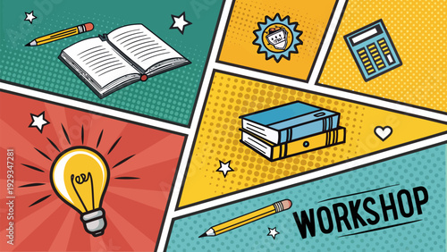 Colorful educational workshop banner with study materials and icons for learning