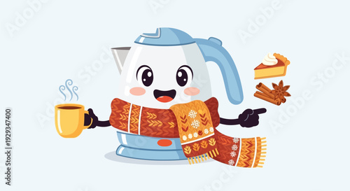 Cartoon Teapot Character Holding Tea Cup.