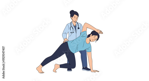 Woman doing core stretching exercise with a physical therapist