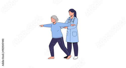 Elderly woman practicing balance exercise with a physical therapist