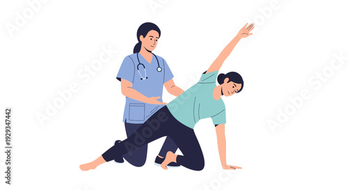 Woman doing side plank stretching with a physical therapist