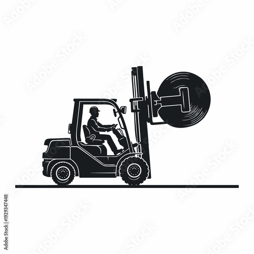 Forklift Operator Lifting Heavy Steel Coil Roll in Warehouse Silhouette