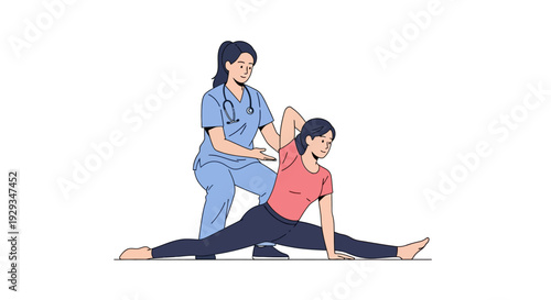 Woman performing leg split stretching with a physical therapist