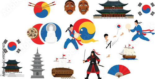 South Korean Culture Icon Set Illustration Showing Traditional Symbols Architecture Martial Arts And Heritage History