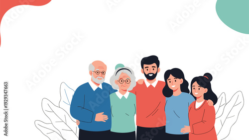 Happy multi-generational family including grandparents and parents hugging each other tightly to show love and strong emotional bonds.