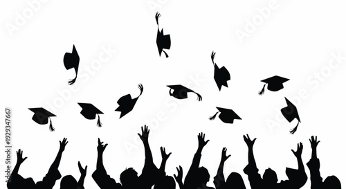 Graduation Caps Tossed in Celebration by Silhouetted Crowd