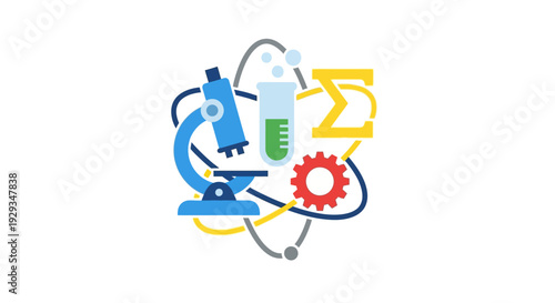 Science and Research Icons: Microscope, Test Tube, Sigma Symbol, Atom Model