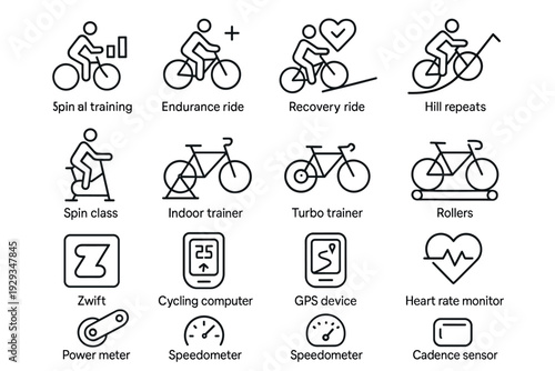 cycling training and equipment icon set in hand drawn outline style for fitness and sports design