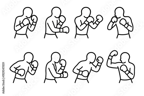 set of hand drawn line art boxing fighters with gloves in various fighting poses