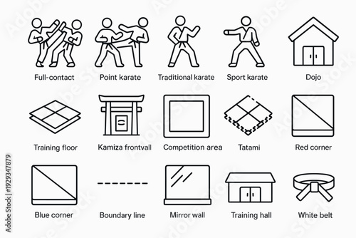 karate and dojo hand drawn outline icon set including types styles training equipment and decoration elements