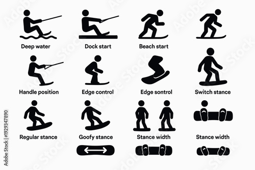 water skiing and snowboarding icon set with hand drawn silhouette symbols and stance positions