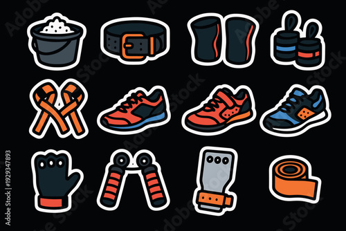set of hand drawn weightlifting and fitness gear icons with shoes gloves belt wrist wraps and grip strengthener