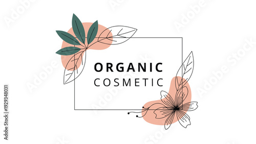 Modern organic cosmetic label design featuring a thin rectangular frame decorated with hand drawn botanical leaves on soft peach shapes.