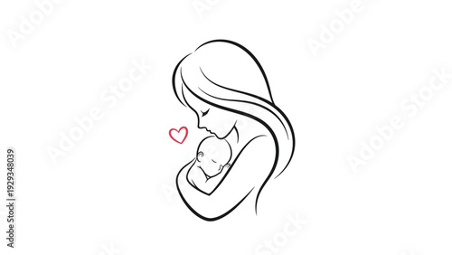 Tender line art drawing depicting a mother embracing her newborn baby with a small red heart symbol to represent maternal love and care.