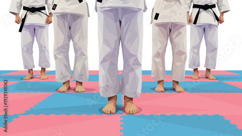 group of martial artists standing barefoot on training mats wearing white gi and black belts digital art