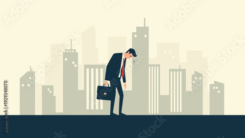 Tired businessman wearing a suit and carrying a briefcase walks slowly with his head down against a gray city skyline showing work stress.