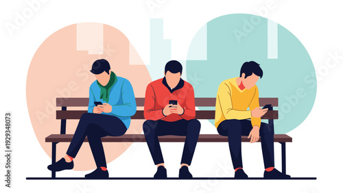 Group of three men sitting together on a wooden park bench while ignoring each other to focus on their individual smartphones in the city.