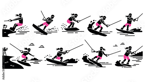 wakeboarding action sequence set with hand drawn style and pink shorts design