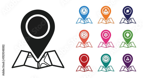 The location pin icon rests upon a stylized map for navigation.