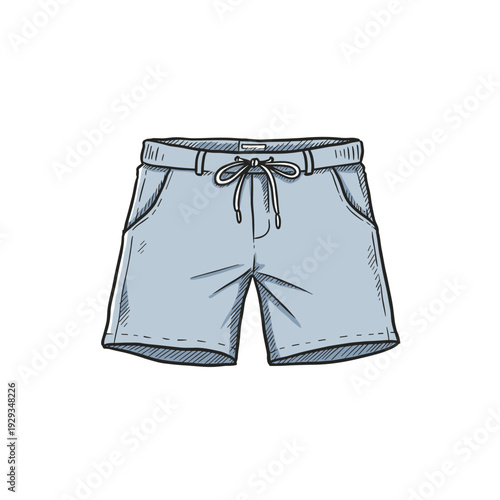 light blue hand drawn shorts with drawstring and pockets casual summer clothing illustration