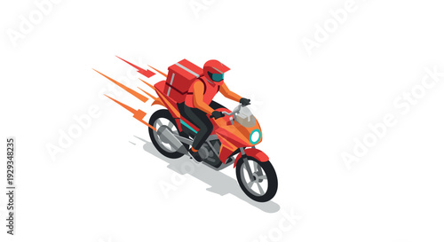 delivery motorcycle rider on a red bike with hand drawn speed flames and parcel box