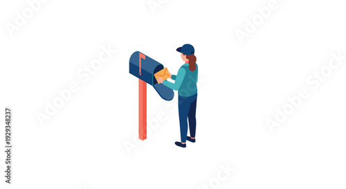 woman checking mail in blue mailbox isometric illustration in modern flat style