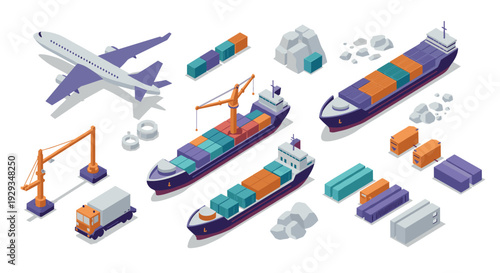 isometric cargo shipping set with container ships airplane cranes and truck in modern style
