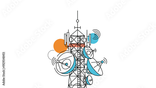 Detailed line art illustration of a tall telecommunication tower equipped with satellite dishes and transmitting signals with blue waves.