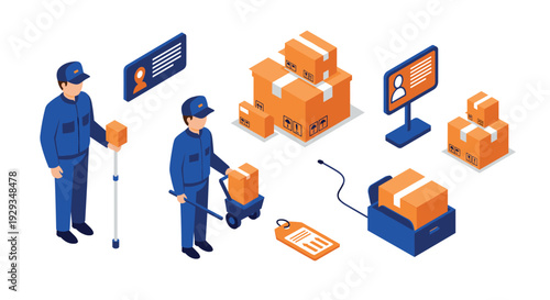 isometric delivery workers with packages and logistics icons in modern vector style