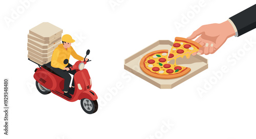 pizza delivery man riding red scooter with stack of pizza boxes and hand taking slice from pizza box isometric illustration
