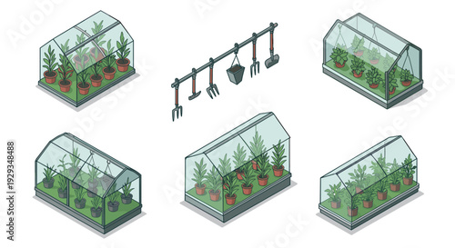 collection of hand drawn greenhouses with potted plants and gardening tools set in isometric style for gardening and horticulture
