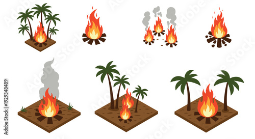 colorful hand drawn campfire and bonfire fire icons set with palm trees and smoke illustration