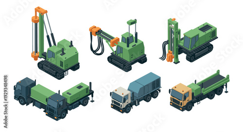 isometric heavy construction equipment and utility trucks set in modern vector style
