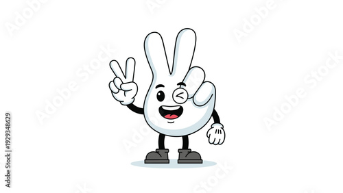 Playful cartoon hand character with a face and legs making a victory peace sign while winking happily to convey success and positive joy.