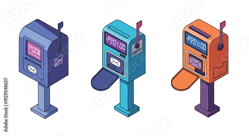 set of colorful retro mailboxes with open flags isometric hand drawn illustration