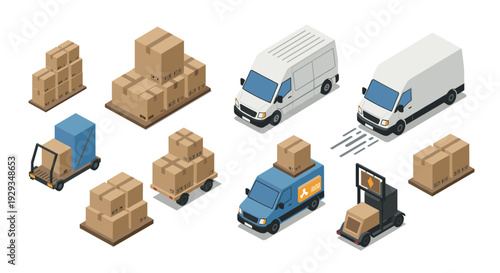 isometric set of delivery boxes vans and cargo trucks in flat vector style for logistics and shipping concept