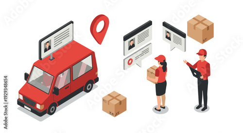 isometric delivery service concept with red van courier carrying packages and communication icons in flat style