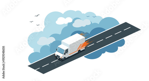 isometric fast delivery truck on road with speed flames and cloudy background illustration