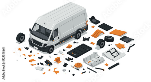 white delivery van with scattered body parts and components isometric illustration