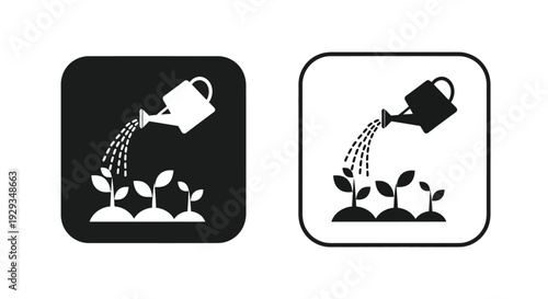 Watering cans pour liquid onto small growing seedlings.