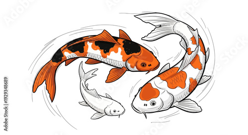 Three Koi Fish Swimming in Circle, Japanese Art Style, Vibrant Orange and White