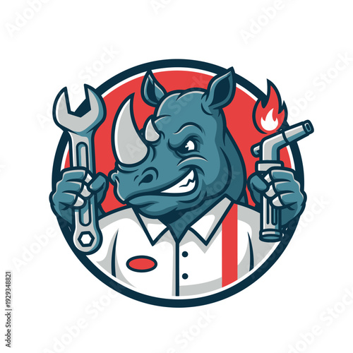 A cartoon rhinoceros mechanic holding a wrench and blowtorch in a circular emblem with a red background
