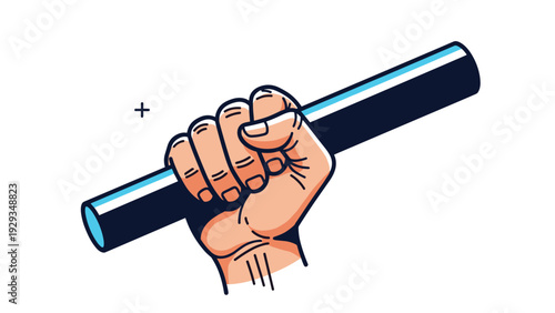 Close up illustration of a human hand firmly grasping a black relay baton during a track and field race to show teamwork and competition.